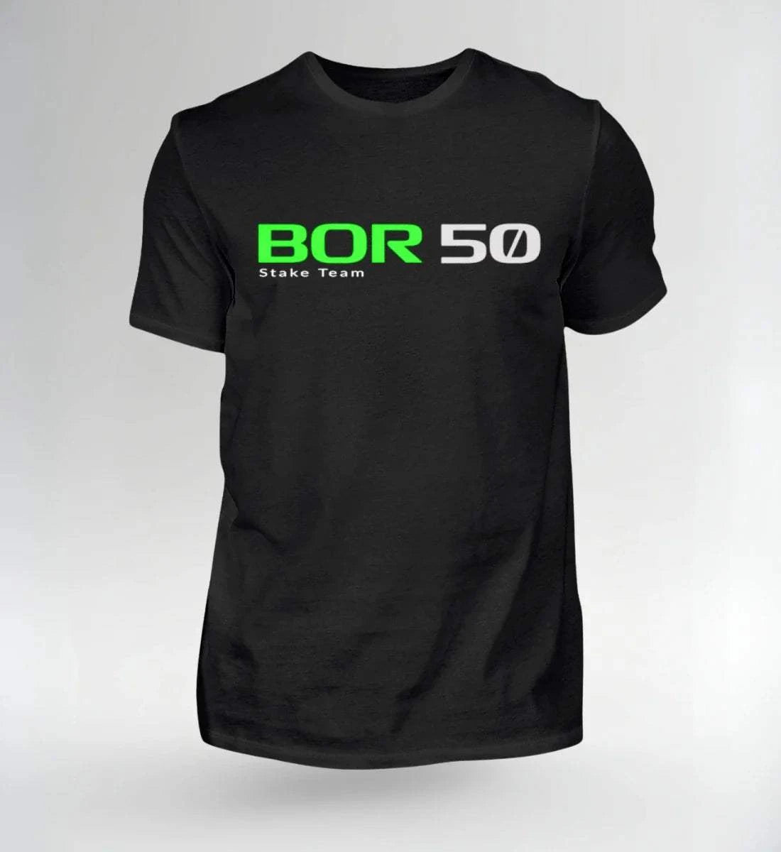 Image of Black NOVAWear BOR 50 Motorsport Shirt with green and white logo, limited edition streetwear for racing fans